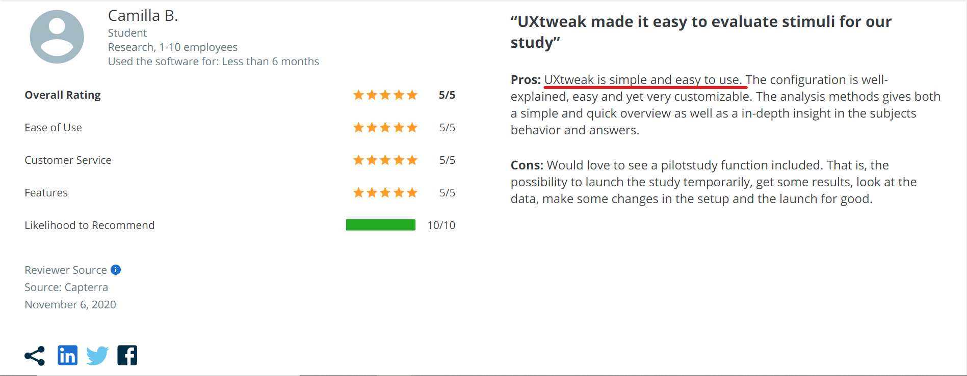 Review of UXtweak on Capterra talking about how easy it is to use.