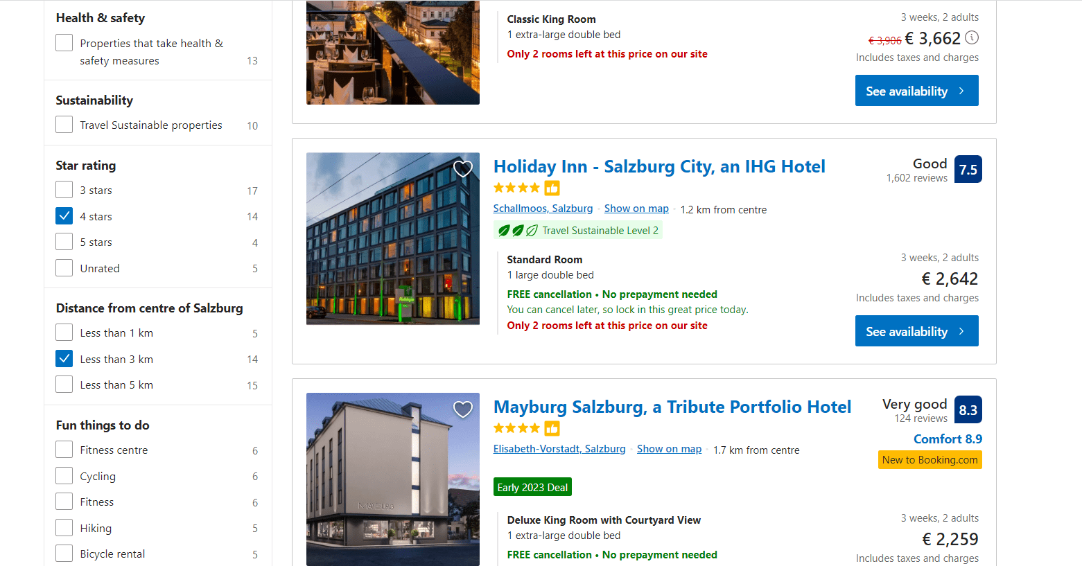 Booking.com that uses facets on the left-hand side to allow users to browse by location, star rating, and hotel features